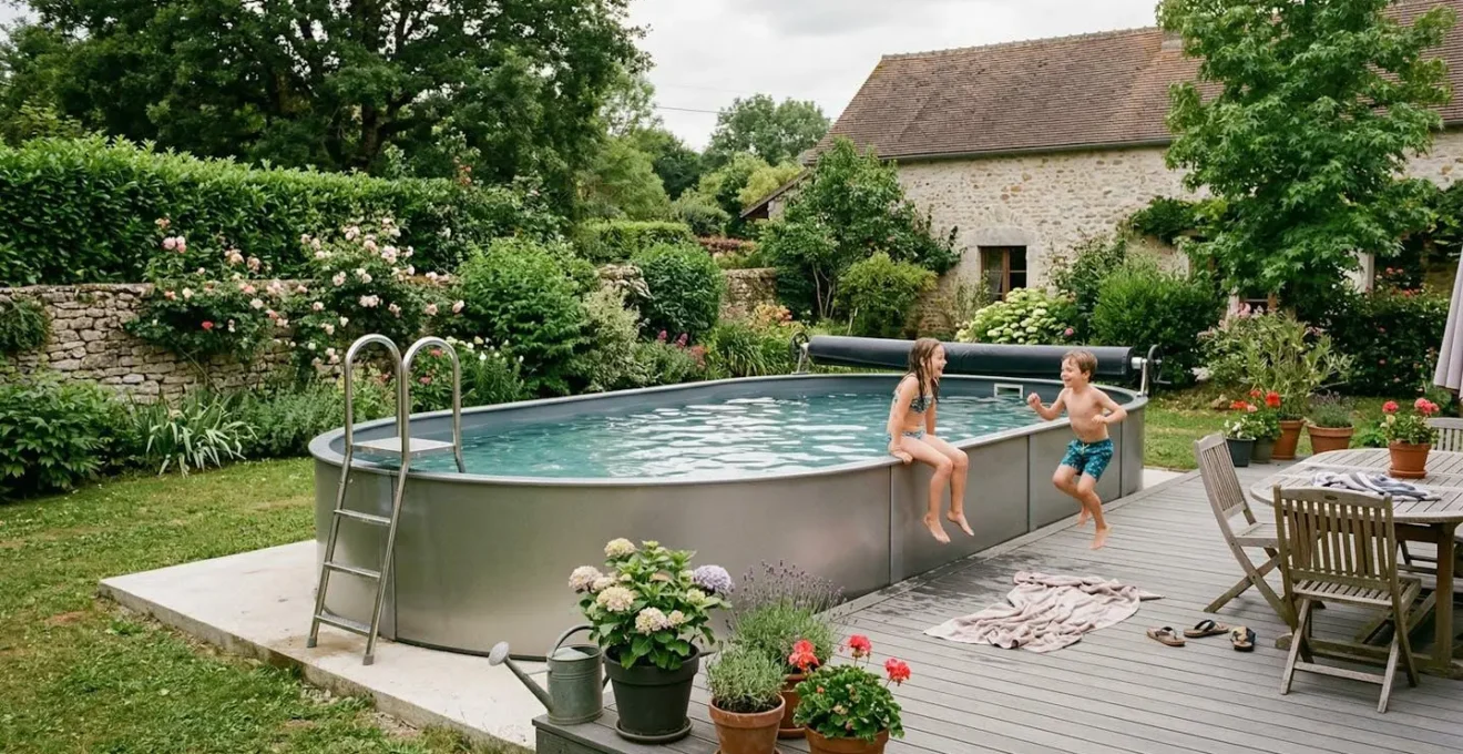 Piscine hors-sol acier ovale installée dans jardin français soigné avec terrasse composite