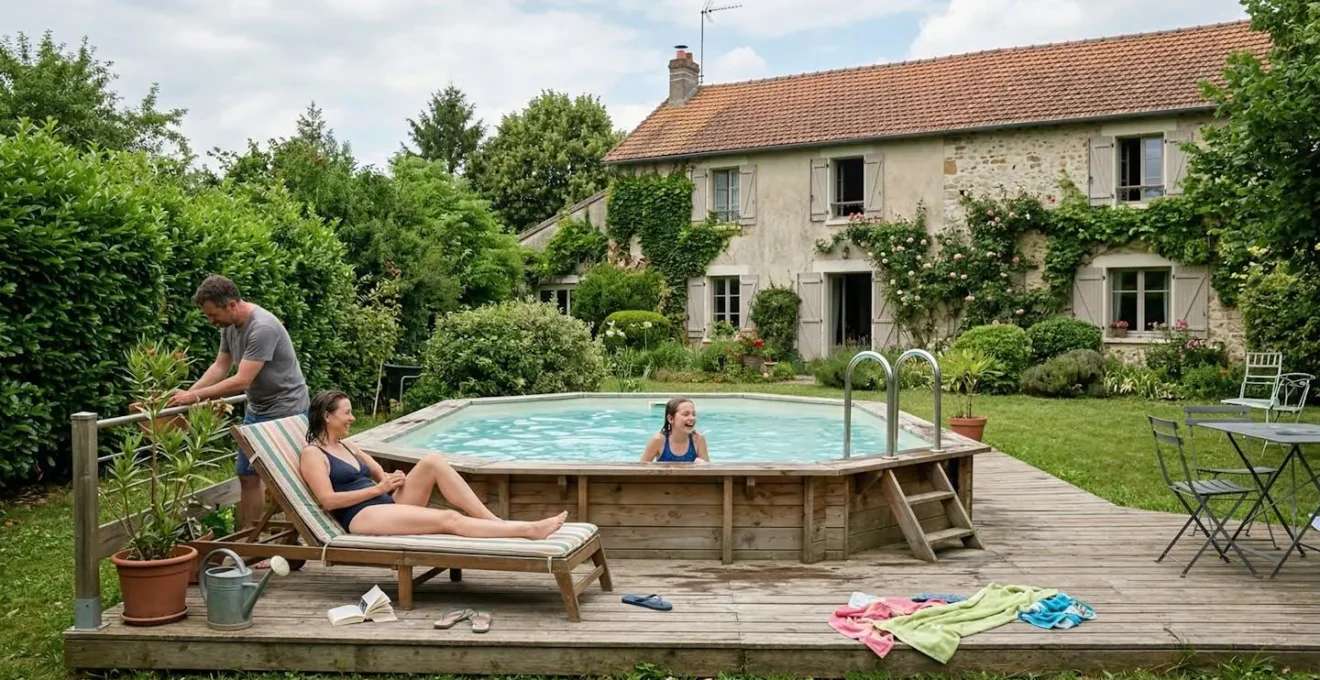 Piscine hors-sol bois rectangulaire installée dans jardin résidentiel français avec terrasse