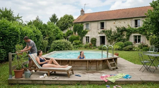 Piscine hors-sol bois rectangulaire installée dans jardin résidentiel français avec terrasse