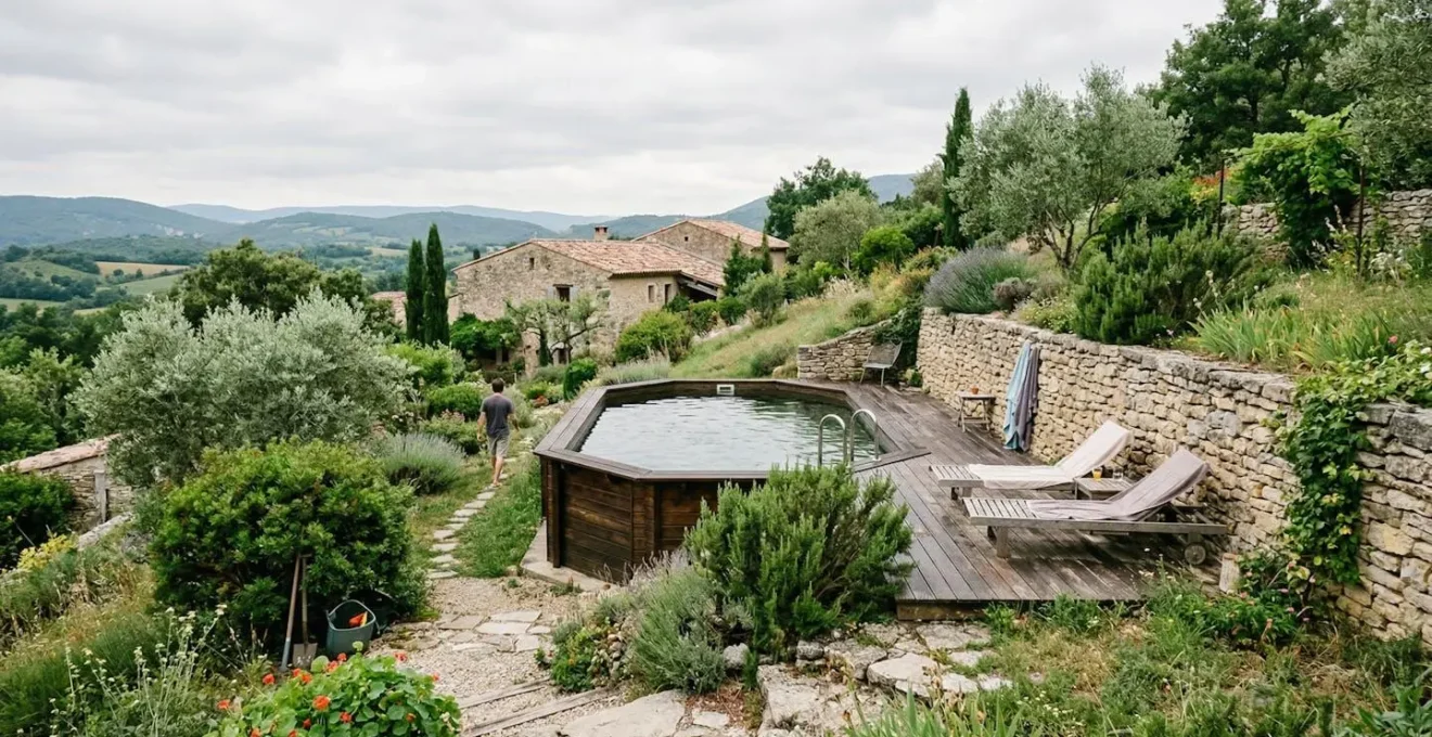 Piscine bois semi-enterrée intégrée dans terrain en pente avec muret de soutènement
