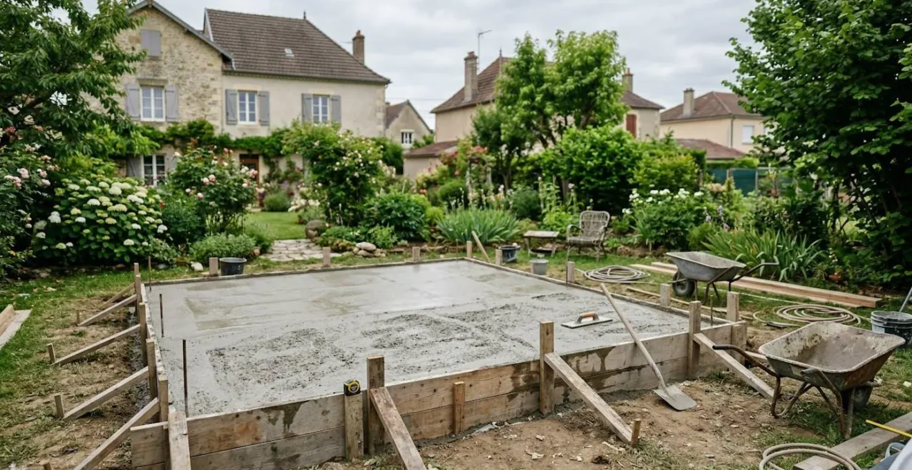 Chantier préparation terrain piscine hors-sol avec dalle béton et coffrage visible